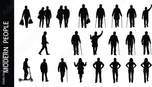 Set of black silhouettes of modern people walking with shopping bags, elderly people with canes, couples, and individuals on scooters, isolated vector illustration (24 words)
