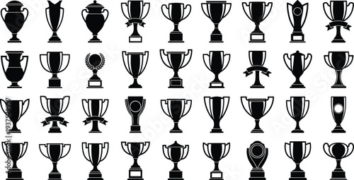 Set of black trophy cup silhouettes, sports award icons, champion prize vector illustrations for tournament victory, competition achievement, and athletic success celebration graphics.