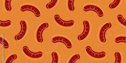sausages icon seamless pattern. seamless pattern with sausages. seamless pattern with sausage isolated on orange background. sausages food vector illustration.