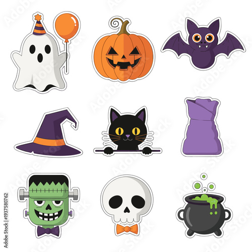 Halloween vector icon set with pumpkins bats ghosts and spooky elements
