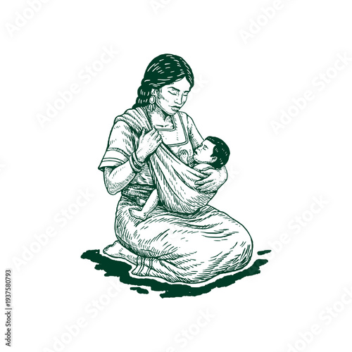 Native American Mother Carrying Baby in Cloth Traditional Parenting Vintage Vector Illustration