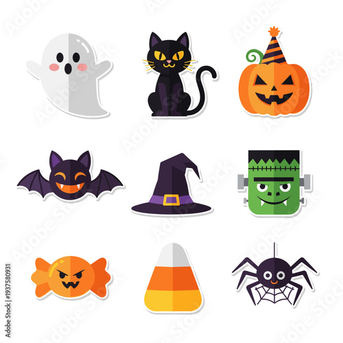 Halloween vector icon set with pumpkins bats ghosts witches and spooky elements