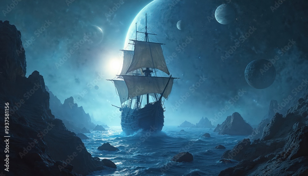 Obraz premium Old sailing ship navigates through space sea past planets and rocky shores. Astral voyage on a dark fantasy cosmos with blue nebula clouds and distant stars.
