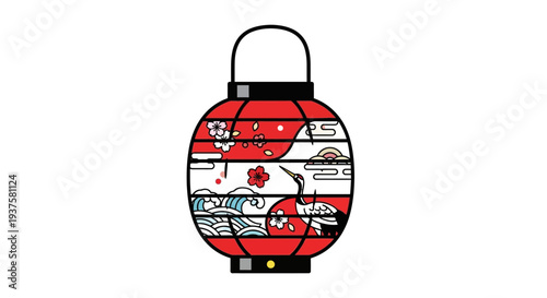 Japanese Lantern with Crane and Waves