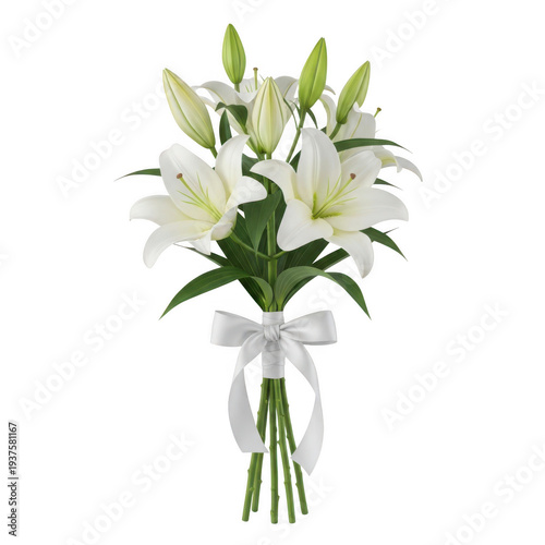 Elegant white lilies with green stems and leaves in a bouquet