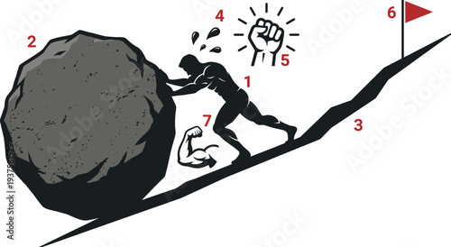Businessman Pushing Heavy Rock Uphill Symbolizing Hard Work, Perseverance, Determination and Success Journey Concept Vector Illustration with Goal Flag
