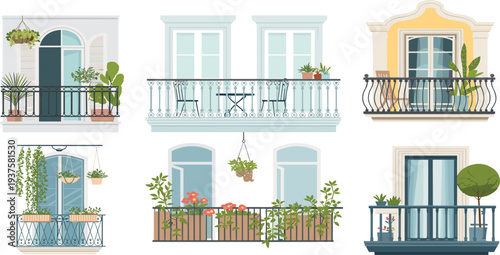 Set of decorative balcony facades with plants and flowers, European apartment exterior illustration in flat style, urban residential architecture elements isolated on white background