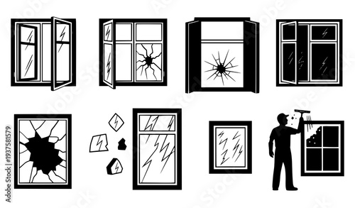 House window silhouette icons including broken glass and window cleaner worker vector illustration set