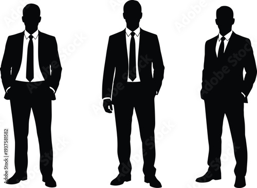 Set of diverse people silhouettes including casual urban youth and professional businessmen in suits, standing in a row, modern lifestyle vector illustration collection. (24 words)