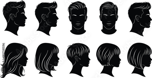 Set of diverse people silhouettes including casual urban youth, professional business men in suits, and detailed human head profiles, modern lifestyle vector illustration collection. (24 words)