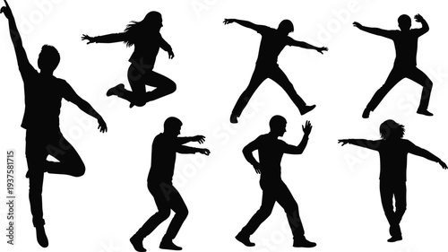 Set of Eight Black Silhouette Vector Illustrations Featuring Men and Women in Various Dynamic Action Poses Including Jumping Running Dancing and Artistic Movements