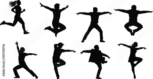 Set of Eight Black Silhouette Vector Illustrations Featuring Men and Women in Various Dynamic Dancing Jumping and Athletic Performance Poses for Creative Designs