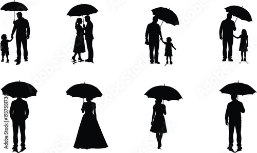 Set of Eight Black Silhouette Vector Illustrations Featuring People Couples and Parents with Children Holding Umbrellas for Rain Protection and Weather Related Designs