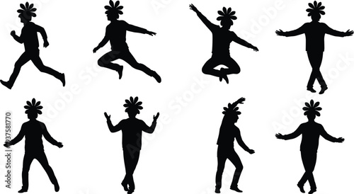 Set of Eight Black Silhouette Vector Illustrations Featuring People Wearing Flower Crowns in Various Dynamic Poses Including Running Jumping Dancing and Celebrating Nature