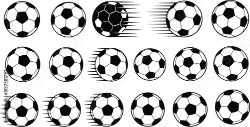 Set of Eighteen Black and White Soccer Ball Vector Illustrations Featuring Flying Football Icons with Speed Motion Lines for Sports Competition and Game Designs