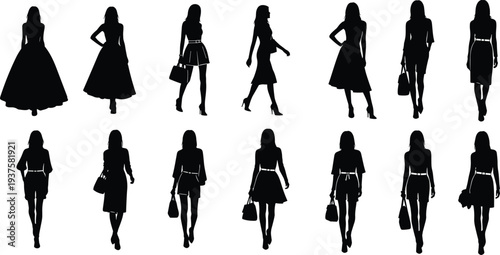 Set of fashionable women silhouettes, elegant female models posing in various dresses and business outfits vector illustrations, isolated on white background, trendy style.