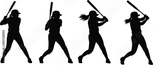 Set of Female Softball Player Silhouettes Swinging Bat for Home Run Isolated on White Background for Sports Team Logo Baseball Graphic Design and Athletics
