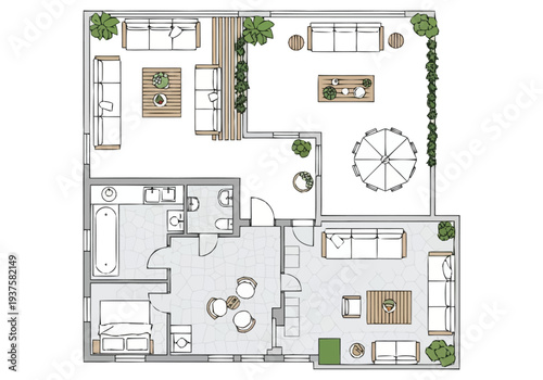 Modern Apartment Layout Plan with Open Concept Living Areas Spacious Design furniture icons top view interior design architecture floor plan