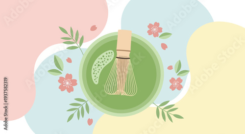 Matcha tea preparation with cherry blossoms