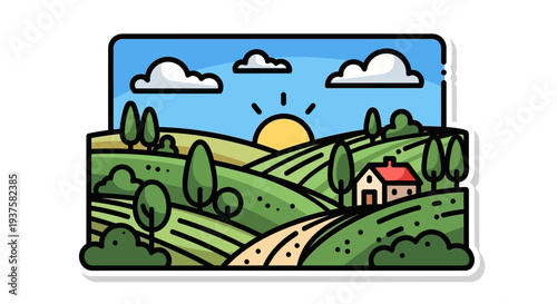 Rolling Hills Landscape with House and Sun