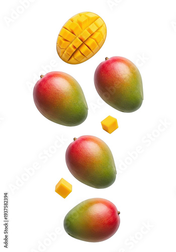 Fresh mangoes and mango chunks suspended in air