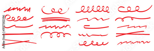 Red brush stroke underline collection. Marker pen highlight stroke pack. Vector swoosh brush underline set for accent, marker emphasis element. Vector illustration
