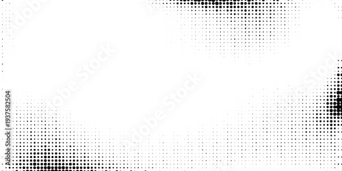 Grunge halftone gradient background. Faded grit noise texture. White and black sand wallpaper. Retro pixelated backdrop. Anime or manga style comic overlay. Vector graphic design textured template