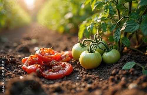 Rotting tomato slices lie on dark soil near green unripe tomatoes growing on a plant. Contrast of spoiled food and fresh produce in a garden.