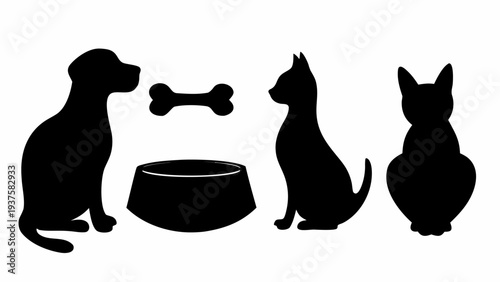 Pets waiting for food with dog bowl and bone