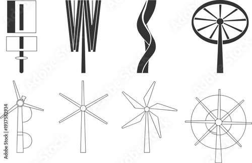 Collection of wind turbine icons and line designs isolated on light background renewable energy wind power generator technology eco electricity vector illustration set