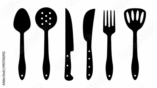 Set of kitchen utensils and cutlery for cooking and dining