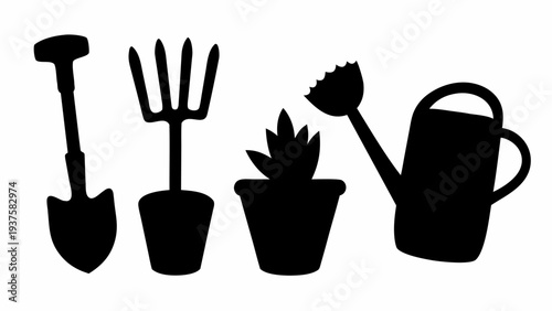 Gardening tools and plant in silhouette for landscaping projects