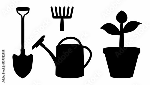 Gardening tools and plant in pot for planting and growth