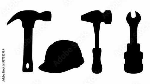 Construction tools and safety helmet silhouette set