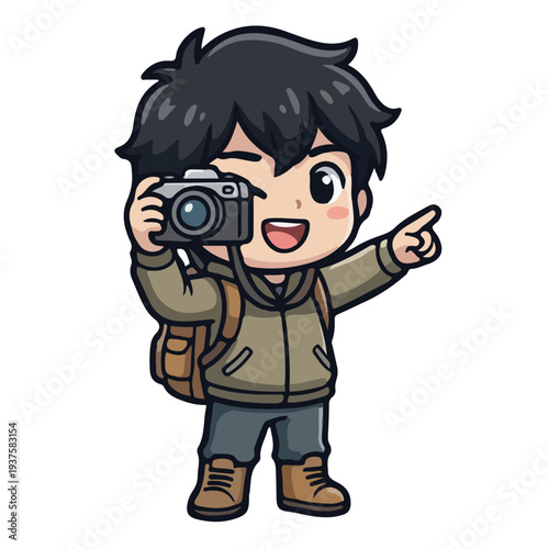 Cartoon Photographer Holding Camera and Pointing