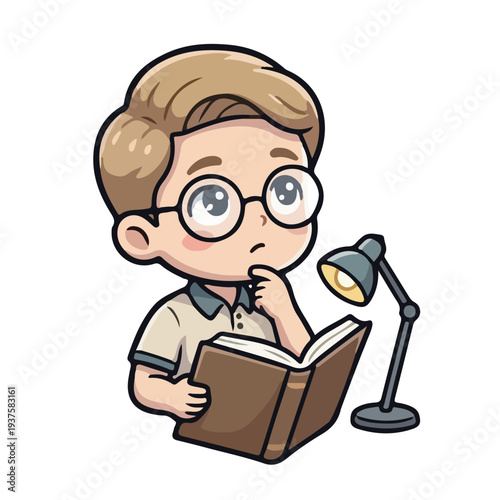 Boy Reading a Book Under a Desk Lamp