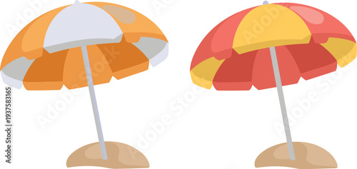 Flat vector illustration of colorful beach umbrellas on sand isolated on light background summer vacation seaside holiday travel relaxation concept design