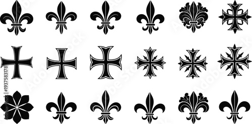 Collection of various heraldic symbols including ornate fleur-de-lis and decorative crosses in black silhouette isolated on white background for vintage design and heraldry project.