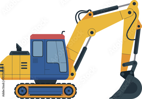 Flat vector illustration of crawler excavator construction machine with hydraulic arm and bucket isolated on light background heavy equipment engineering industry concept