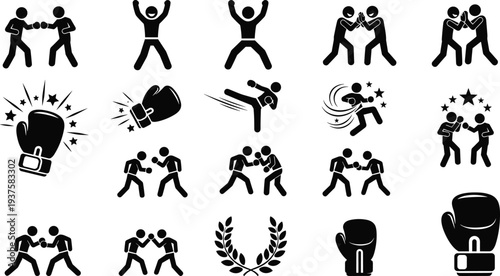 Collection of boxing and martial arts icons featuring stick figure fighters, combat gloves, victory poses, and a laurel wreath isolated on white background vector.