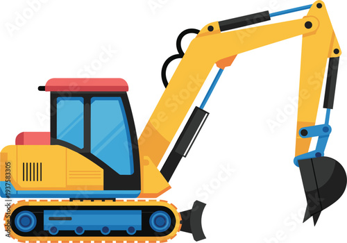 Flat vector illustration of yellow crawler excavator with hydraulic arm and bucket isolated on light background construction machinery heavy equipment engineering industry concept