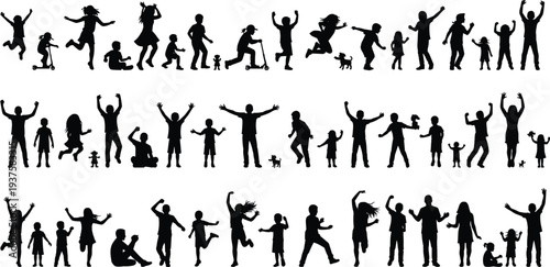 Large Set of Black Silhouettes Featuring Happy Children and Families Playing Running Jumping Riding Scooters and Dancing for Childhood Growth and Active Lifestyle Concept