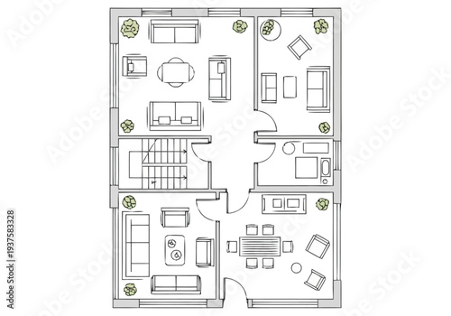 Modern Residential Floor Plan Layout Showing Multiple Rooms With Furniture Arrangement And Interior Design Elements furniture icons top view interior