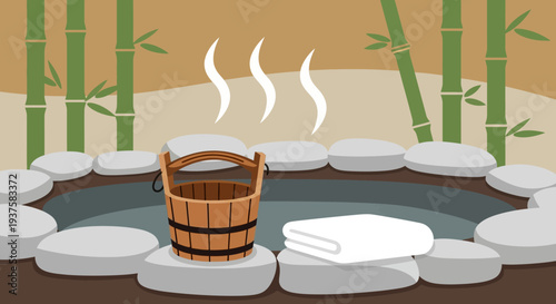 Japanese Onsen Hot Spring with Bamboo and Bucket