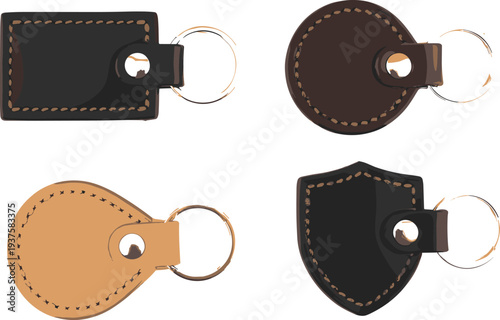 Set of Realistic Leather Keychain Mockups in Rectangular Round Teardrop and Shield Shapes with Metal Rings and Stitched Details for Brand Identity Logo Design