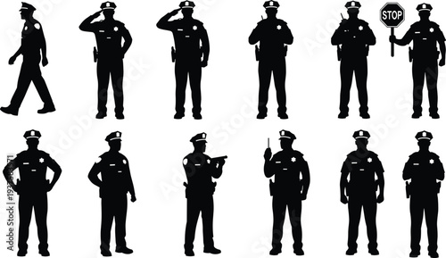 Collection of police officer silhouettes in various professional stances including saluting, directing traffic, holding stop signs, and using radios isolated on white background vector.