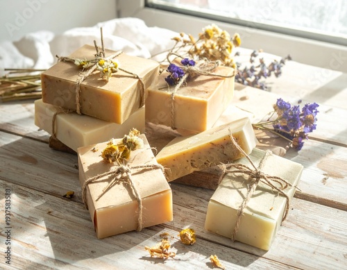 Natural handmade soap bars wrapped with kraft paper and twine
