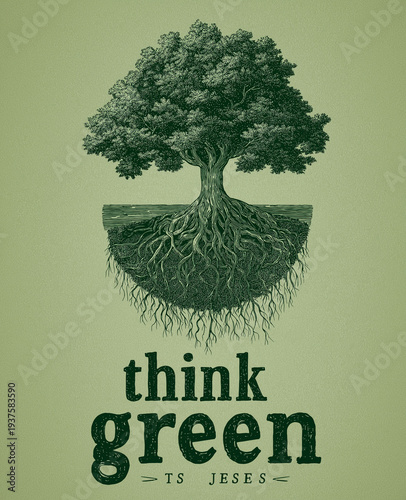 a logo with the words think green in black text, featuring an earth and tree, designed for environmental awareness using a white background and green colors