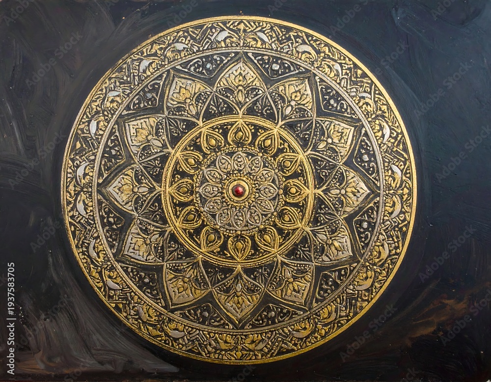 Fototapeta premium A black background with a gold mandala design