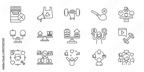 Healthy Lifestyle Choices and Balanced Life Icons Representing Well-being and Personal Growth